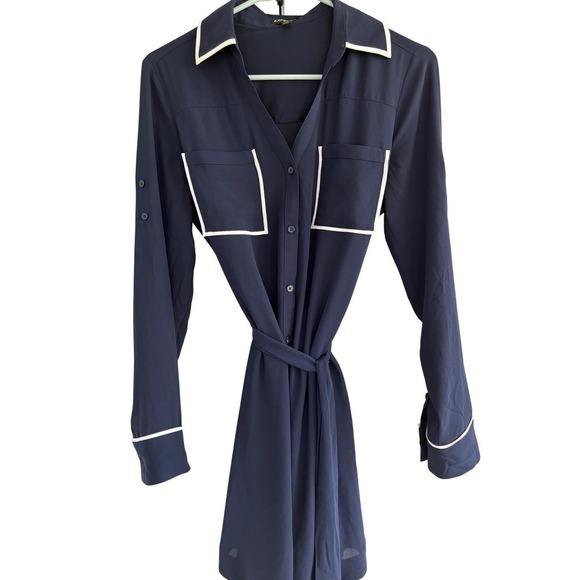 Express Navy Blue Shirt Dress White Trim Long Sleeve Belted Small S - Picture 2 of 6